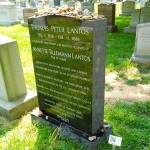 Tomb of Lantos in the Congressional Cemetery with a QR code on a garden stake next to it.